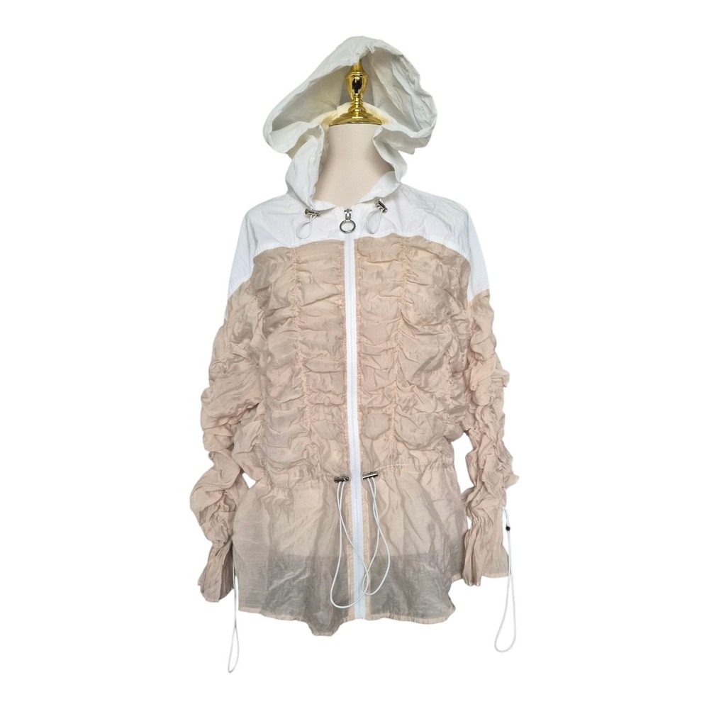 AKIRA Ruched Hooded Jacket Size‎ M Beige White Zip Front Lightweight Windbreaker